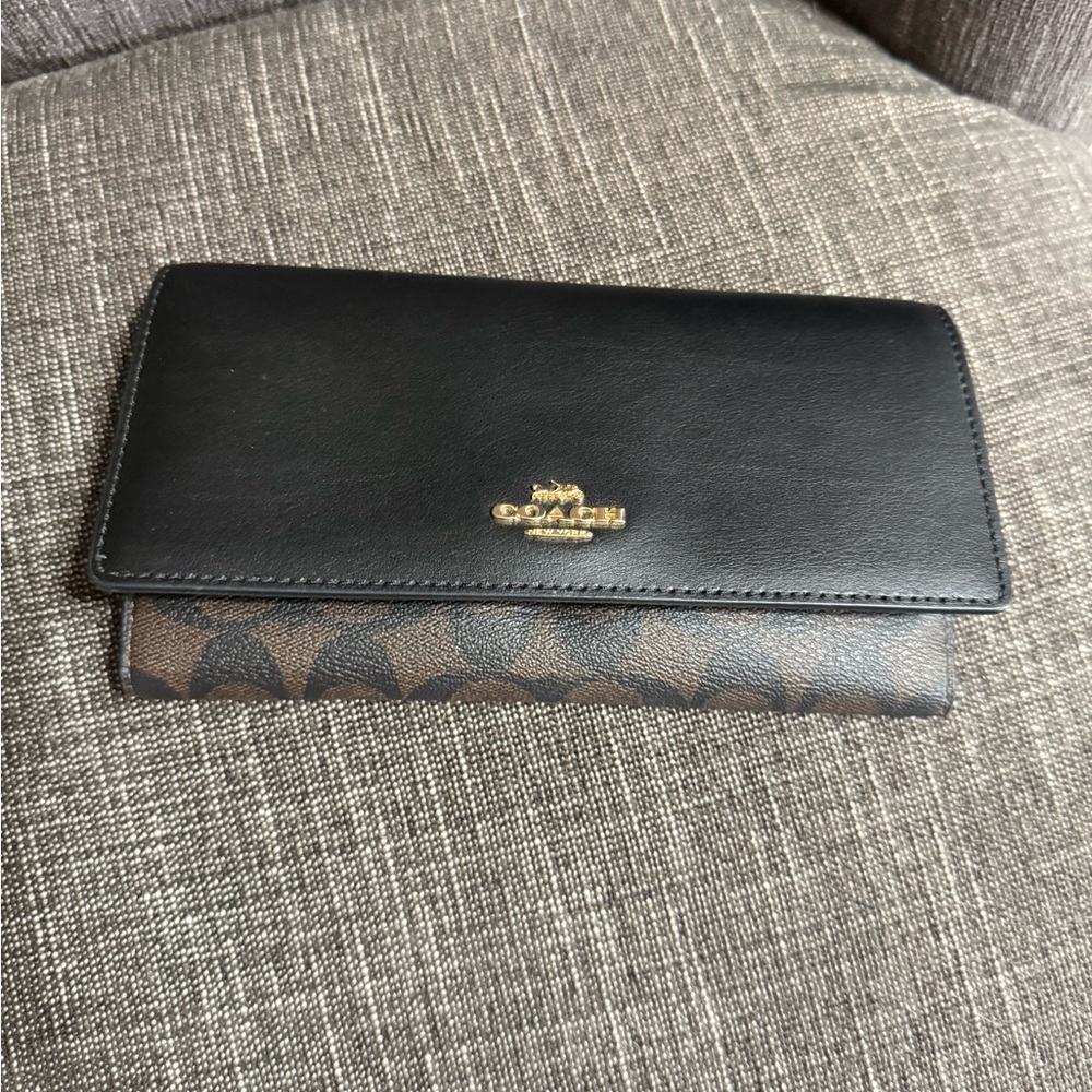 Coach Black and Brown Signature Trifold Wallet